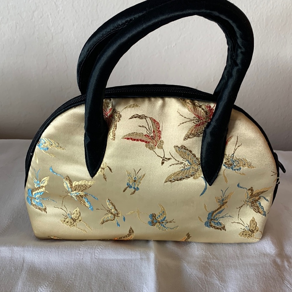 Elegant Gold Satin Embroidered Top-Handle Bag